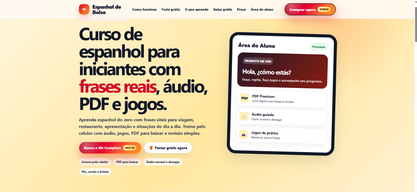 Tela real da plataforma Espanhol de Bolso