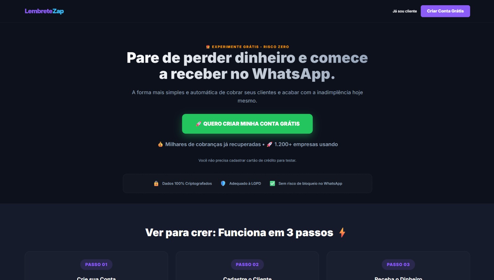 Tela real do projeto SaaS LembreteZap
